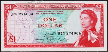 Восточные Карибы 1 доллар 1965г. P.13f(2) - XF+ - Восточные Карибы 1 доллар 1965г. P.13f(2) - XF+