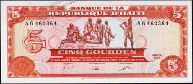 Банкнота Гаити 5 гурд 1987 года. P.246 UNC - Банкнота Гаити 5 гурд 1987 года. P.246 UNC