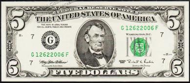 Банкнота США 5 долларов 1995 года. Р.498 UNC "G" G-F - Банкнота США 5 долларов 1995 года. Р.498 UNC "G" G-F