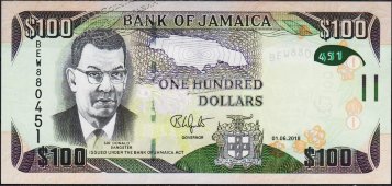 Банкнота Ямайка 100 долларов 2018 года. P.NEW - UNC - Банкнота Ямайка 100 долларов 2018 года. P.NEW - UNC