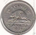 23-44 Канада 5 центов 1939г. КМ # 33 никель 4,5гр. 21,2мм