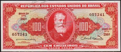Банкнота Бразилия 100 крузейро 1963 года. P.180 UNC - Банкнота Бразилия 100 крузейро 1963 года. P.180 UNC