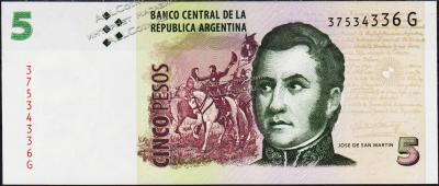 Банкнота Аргентина 5 песо 2012 года. P.353 UNC "G" - Банкнота Аргентина 5 песо 2012 года. P.353 UNC "G"