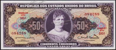 Банкнота Бразилия 50 крузейро 1963 года. P.179 UNC - Банкнота Бразилия 50 крузейро 1963 года. P.179 UNC