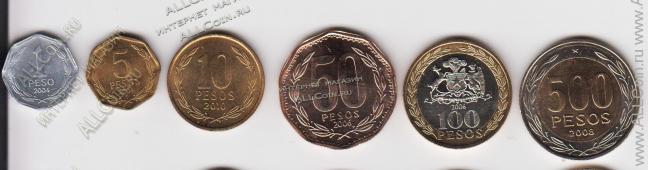 Чили набор 6 монет 2004-10г. (арт2) - Чили набор 6 монет 2004-10г. (арт2)