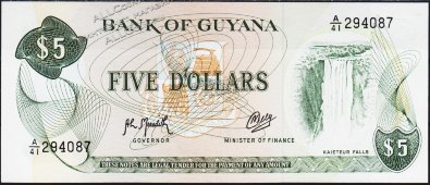 Банкнота Гайана 5 долларов 1989 года. P.22f(2) - UNC - Банкнота Гайана 5 долларов 1989 года. P.22f(2) - UNC