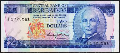 Банкнота Барбадос 2 доллара 1980 года. P.30 UNC - Банкнота Барбадос 2 доллара 1980 года. P.30 UNC