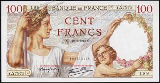 Франция 100 франков 29.01.1942г. P.94 UNC - Франция 100 франков 29.01.1942г. P.94 UNC
