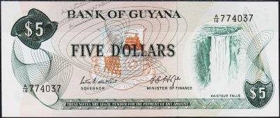 Банкнота Гайана 5 долларов 1966 года. P.22с - UNC - Банкнота Гайана 5 долларов 1966 года. P.22с - UNC