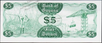 Банкнота Гайана 5 долларов 1966 года. P.22с - UNC - Банкнота Гайана 5 долларов 1966 года. P.22с - UNC