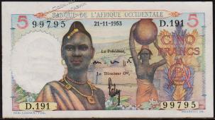 Французская Западная Африка 5 франков 21.11.1954г. Р.36 AUNC - Французская Западная Африка 5 франков 21.11.1954г. Р.36 AUNC