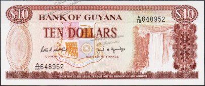 Банкнота Гайана 10 долларов 1989 года. P.23d - UNC - Банкнота Гайана 10 долларов 1989 года. P.23d - UNC