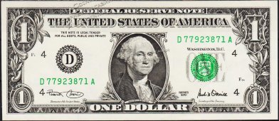 Банкнота США 1 доллар 2001 года. Р.509 UNC  "D" D-A - Банкнота США 1 доллар 2001 года. Р.509 UNC  "D" D-A
