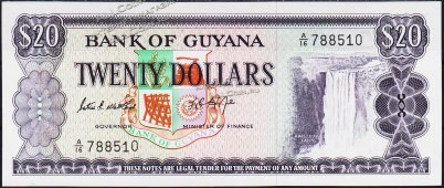Банкнота Гайана 20 долларов 1966 года. P.24в - UNC - Банкнота Гайана 20 долларов 1966 года. P.24в - UNC