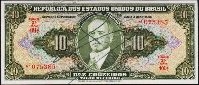 Банкнота Бразилия 20 крузейро 1950 года. Р.143 UNC - Банкнота Бразилия 20 крузейро 1950 года. Р.143 UNC