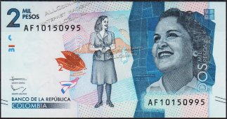 Банкнота Колумбия 2000 песо 02.08.2016 года. P.458в - UNC - Банкнота Колумбия 2000 песо 02.08.2016 года. P.458в - UNC