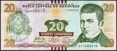 Банкнота Гондурас 20 лемпир 2012 года. P.100 UNC - Банкнота Гондурас 20 лемпир 2012 года. P.100 UNC