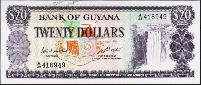 Банкнота Гайана 20 долларов 1983 года. P.24с - UNC - Банкнота Гайана 20 долларов 1983 года. P.24с - UNC
