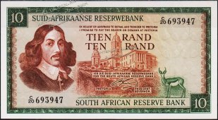 Банкнота Южная Африка (ЮАР) 10 рандов 1966 года. Р.114а - UNC - Банкнота Южная Африка (ЮАР) 10 рандов 1966 года. Р.114а - UNC