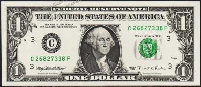 Банкнота США 1 доллар 1995 года. Р.496а - UNC "C" C-F - Банкнота США 1 доллар 1995 года. Р.496а - UNC "C" C-F