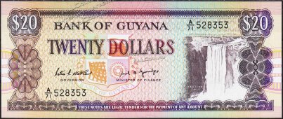 Банкнота Гайана 20 долларов 1989 года. P.27а - UNC - Банкнота Гайана 20 долларов 1989 года. P.27а - UNC