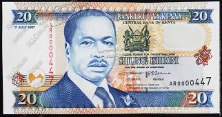 Банкнота Кения 20 шиллингов 1997 года. P.35в - UNC - Банкнота Кения 20 шиллингов 1997 года. P.35в - UNC