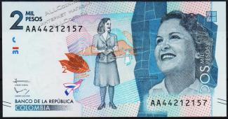 Банкнота Колумбия 2000 песо 19.08.2015 года. P.458а - UNC - Банкнота Колумбия 2000 песо 19.08.2015 года. P.458а - UNC