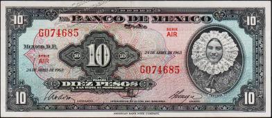 Банкнота Мексика 10 песо 1963 года. P.58j - XF "AIR" - Банкнота Мексика 10 песо 1963 года. P.58j - XF "AIR"