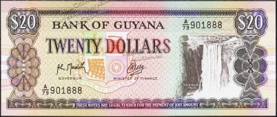 Банкнота Гайана 20 долларов 1989 года. P.27в - UNC - Банкнота Гайана 20 долларов 1989 года. P.27в - UNC