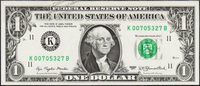 Банкнота США 1 доллар 1977 года. Р.462а - UNC "K" K-B - Банкнота США 1 доллар 1977 года. Р.462а - UNC "K" K-B