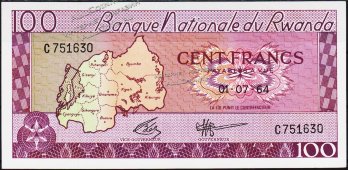 Банкнота Руанда 100 франков 1964 года. P.8а - UNC - Банкнота Руанда 100 франков 1964 года. P.8а - UNC
