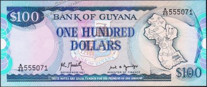 Банкнота Гайана 100 долларов 1989 года. P.28в - UNC - Банкнота Гайана 100 долларов 1989 года. P.28в - UNC