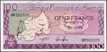 Банкнота Руанда 100 франков 1974 года. P.8с(2) - UNC - Банкнота Руанда 100 франков 1974 года. P.8с(2) - UNC