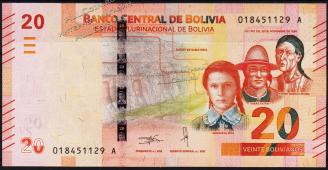 Банкнота Боливия 20 боливиано 2018 года. P.NEW - UNC "А" - Банкнота Боливия 20 боливиано 2018 года. P.NEW - UNC "А"