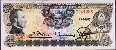 Банкнота Гондурас 5 лемпир 13.01.1977 года. P.59в(5) - UNC - Банкнота Гондурас 5 лемпир 13.01.1977 года. P.59в(5) - UNC