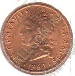 4-108 Доминиканская республика 1 сентаво 1969 г. KM# 32 UNC Бронза 3,02 гр. 